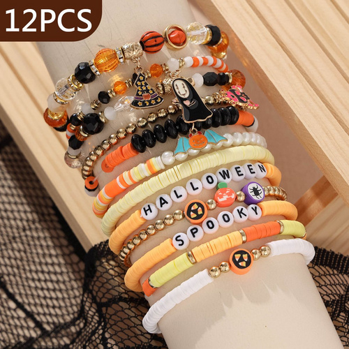 12 Pieces Halloween Soft Ceramic Zinc Alloy Bat Pumpkin Handmade Beaded Elastic Adjustable Fashion Bracelet Set