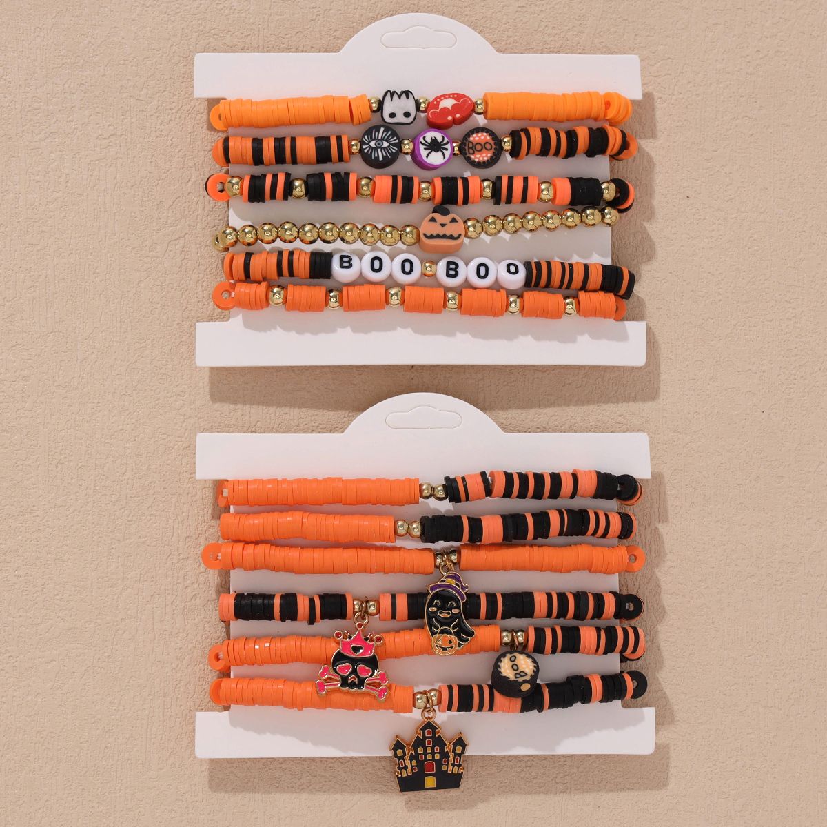 12 Pieces Halloween Soft Ceramic Zinc Alloy Castle Ghost Handmade Beaded Elastic Adjustable Fashion Bracelet Set