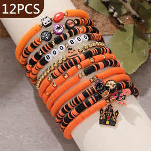 12 Pieces Halloween Soft Ceramic Zinc Alloy Castle Ghost Handmade Beaded Elastic Adjustable Fashion Bracelet Set