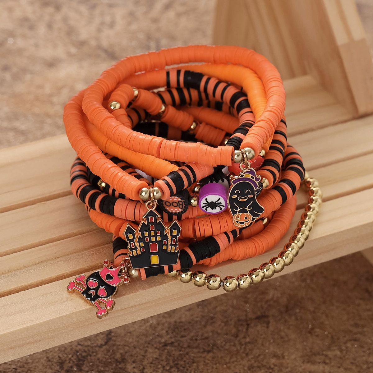 12 Pieces Halloween Soft Ceramic Zinc Alloy Castle Ghost Handmade Beaded Elastic Adjustable Fashion Bracelet Set