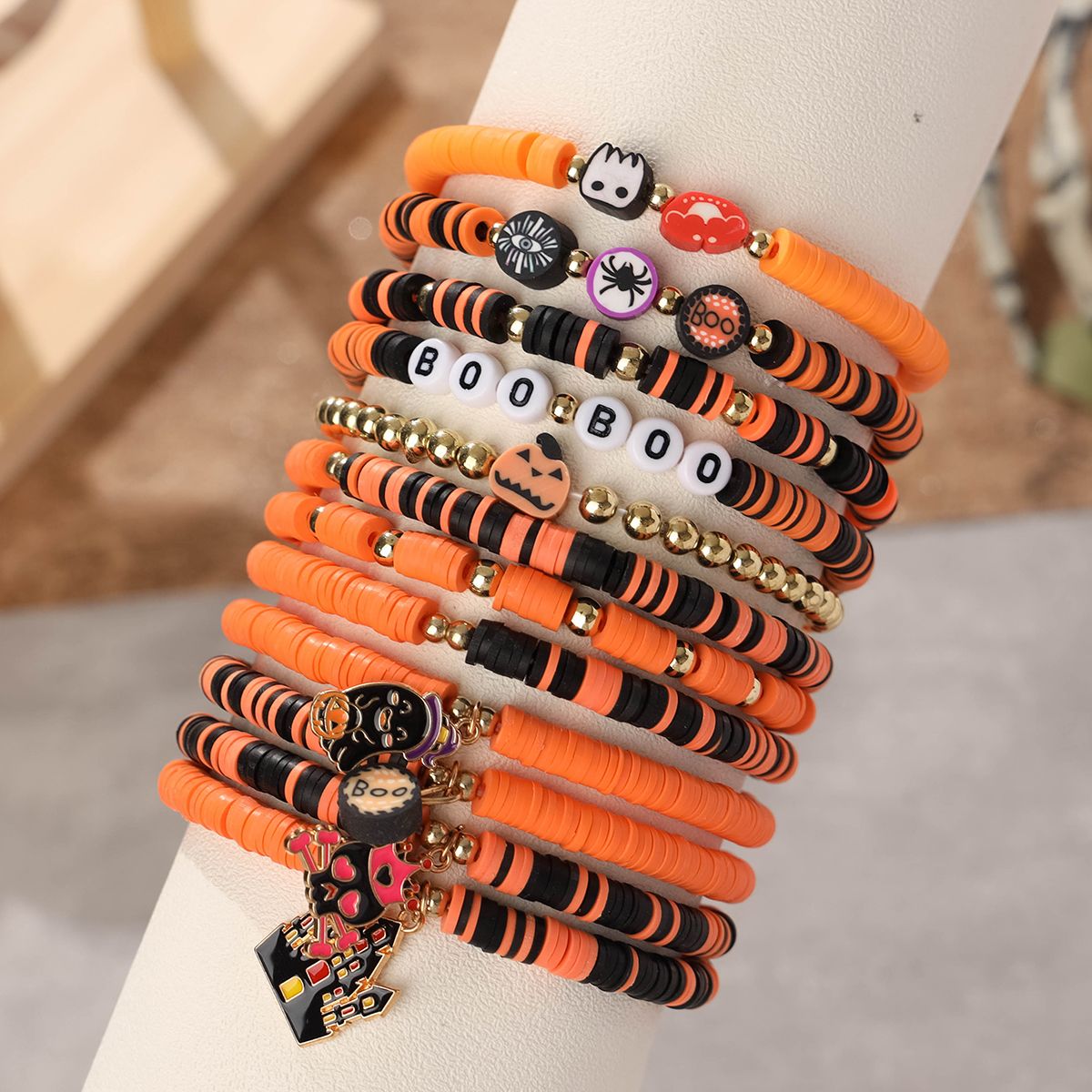 12 Pieces Halloween Soft Ceramic Zinc Alloy Castle Ghost Handmade Beaded Elastic Adjustable Fashion Bracelet Set