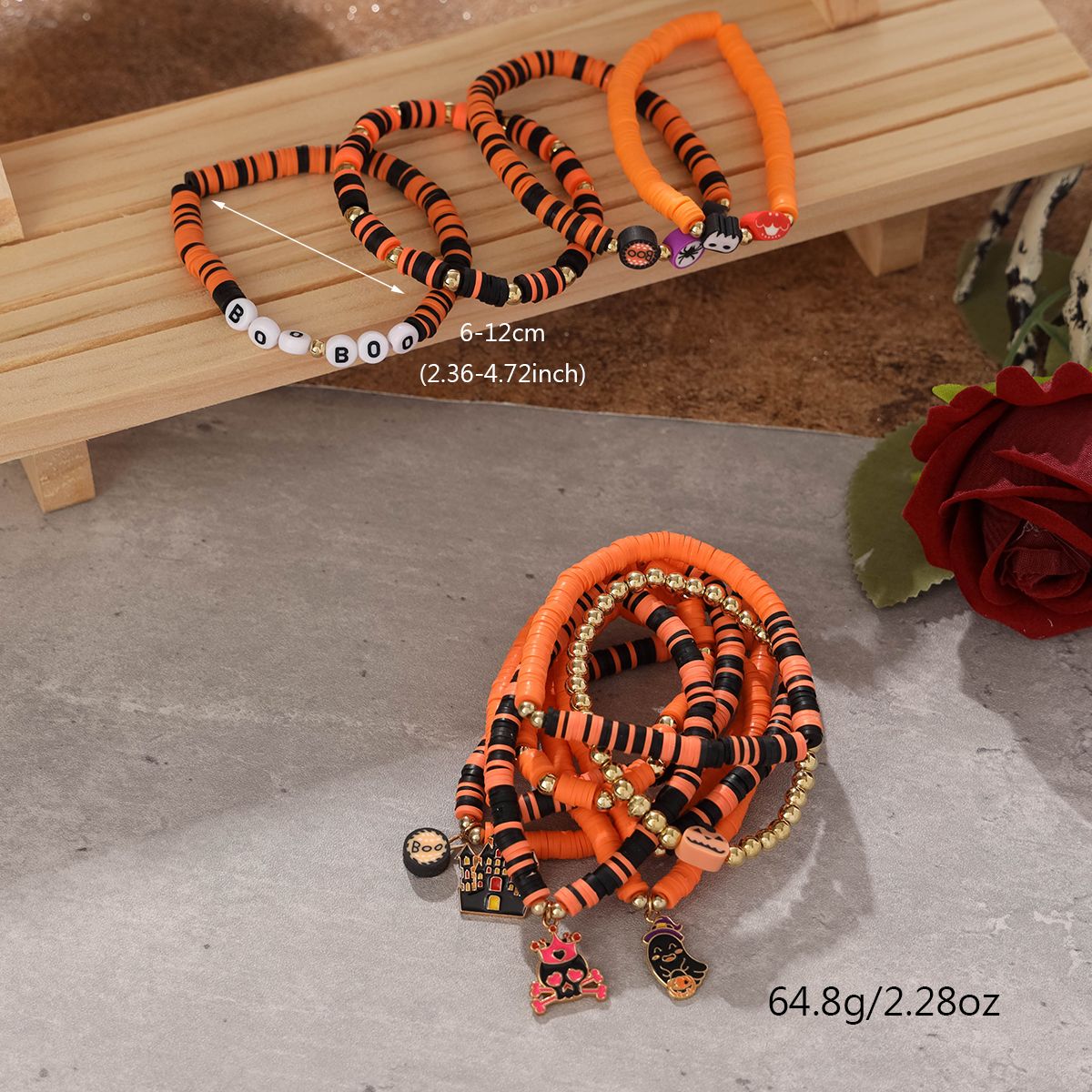 12 Pieces Halloween Soft Ceramic Zinc Alloy Castle Ghost Handmade Beaded Elastic Adjustable Fashion Bracelet Set