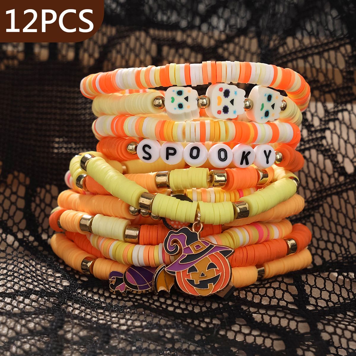 12 Pieces Halloween Soft Ceramic Zinc Alloy Pumpkin Handmade Beaded Elastic Adjustable Fashion Bracelet Set