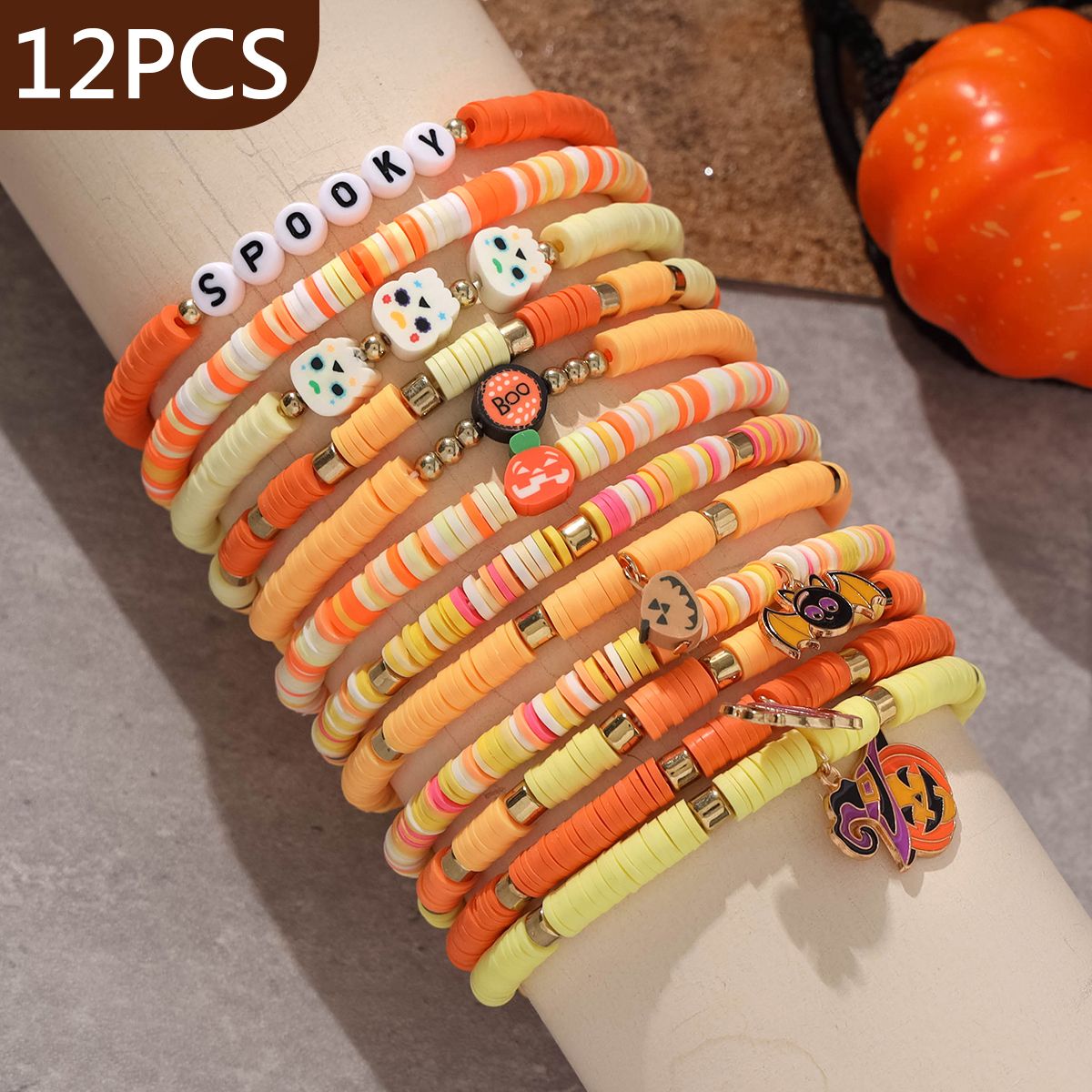 12 Pieces Halloween Soft Ceramic Zinc Alloy Pumpkin Handmade Beaded Elastic Adjustable Fashion Bracelet Set