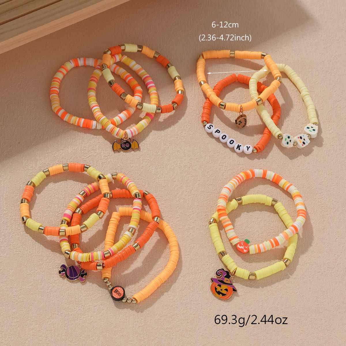 12 Pieces Halloween Soft Ceramic Zinc Alloy Pumpkin Handmade Beaded Elastic Adjustable Fashion Bracelet Set