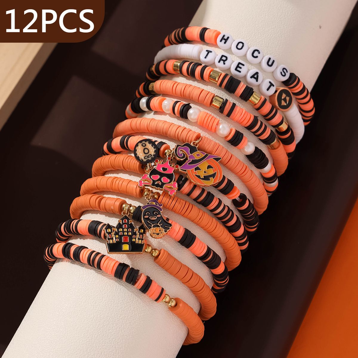 12 Pieces Halloween Soft Ceramic Zinc Alloy Skull Castle Handmade Beaded Elastic Adjustable Fashion Bracelet Set