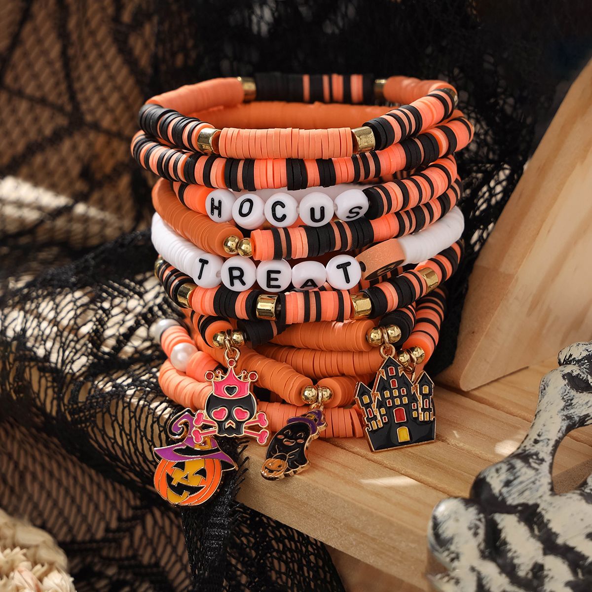 12 Pieces Halloween Soft Ceramic Zinc Alloy Skull Castle Handmade Beaded Elastic Adjustable Fashion Bracelet Set