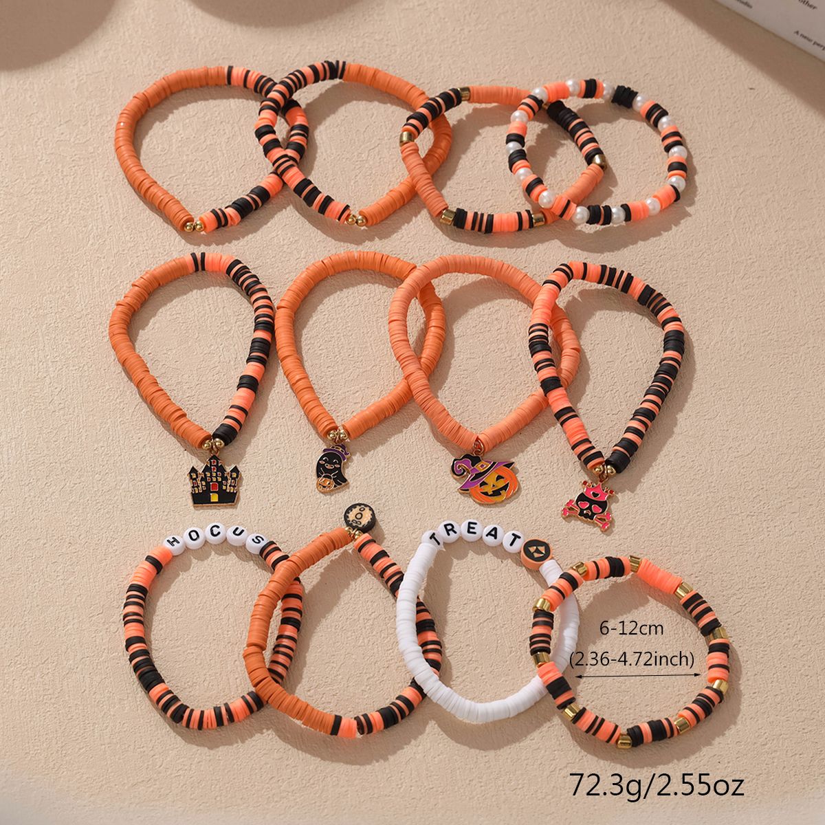 12 Pieces Halloween Soft Ceramic Zinc Alloy Skull Castle Handmade Beaded Elastic Adjustable Fashion Bracelet Set