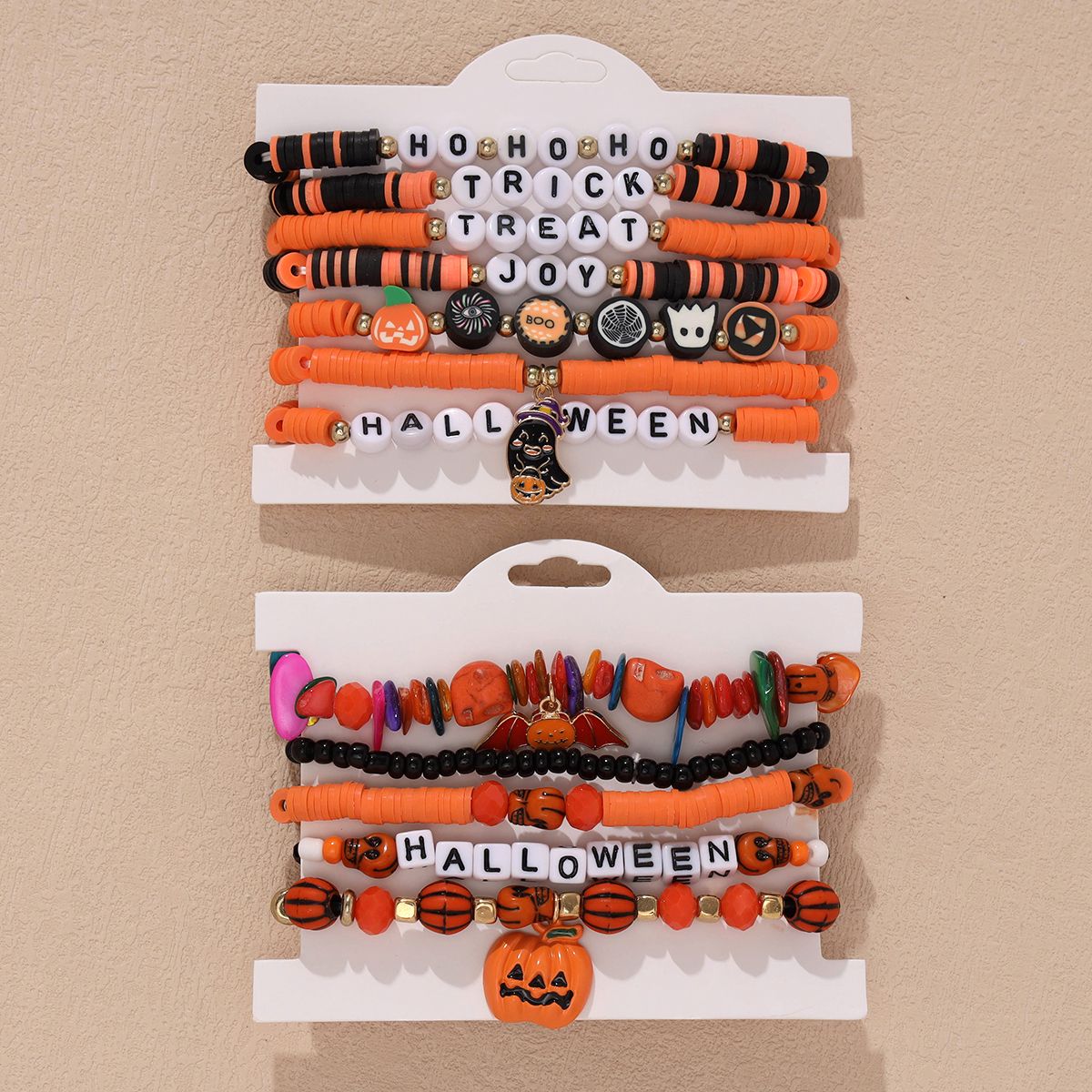 12 Pieces Halloween Soft Ceramic Zinc Alloy Pumpkin Ghost Bat Handmade Beaded Elastic Adjustable Fashion Bracelet Set