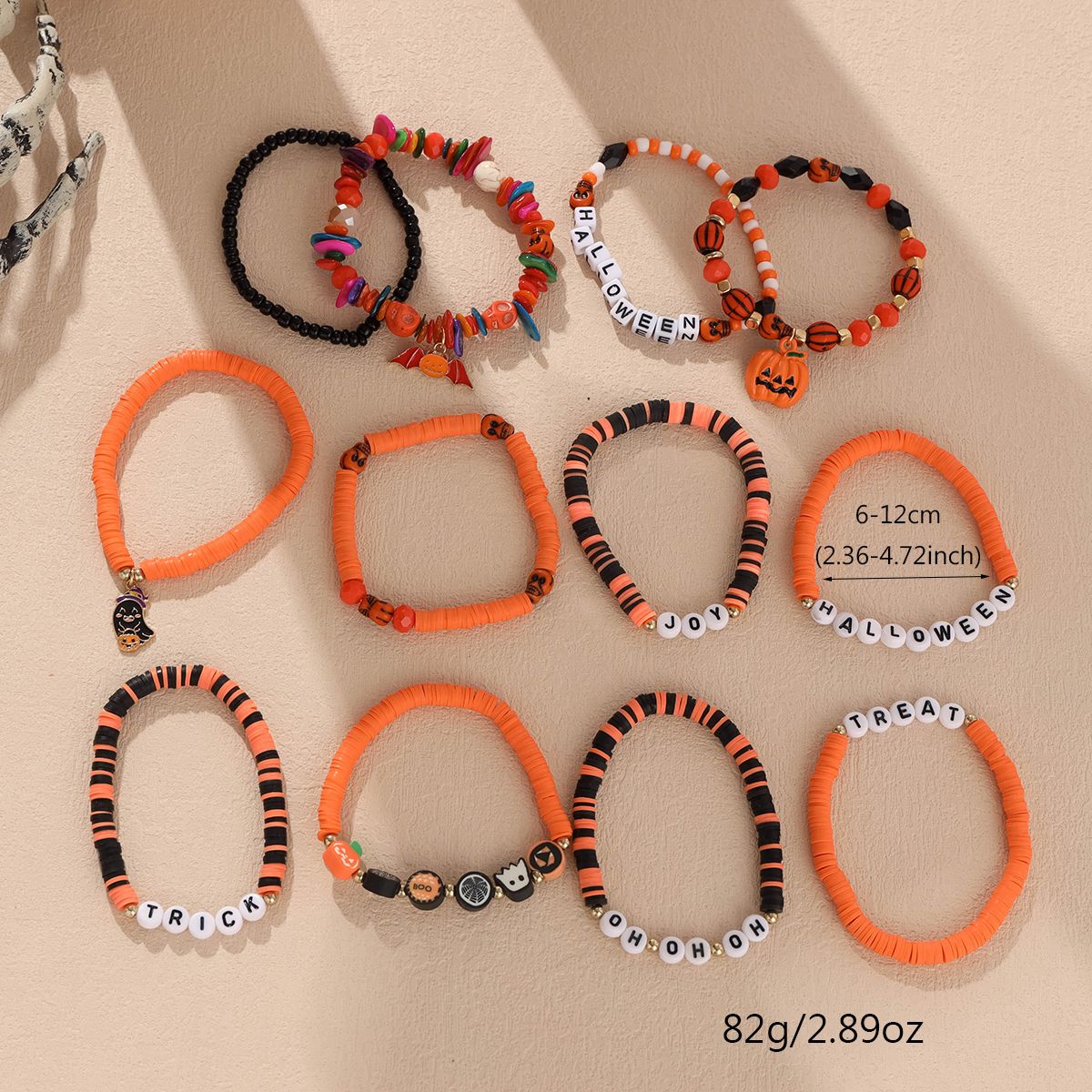 12 Pieces Halloween Soft Ceramic Zinc Alloy Pumpkin Ghost Bat Handmade Beaded Elastic Adjustable Fashion Bracelet Set