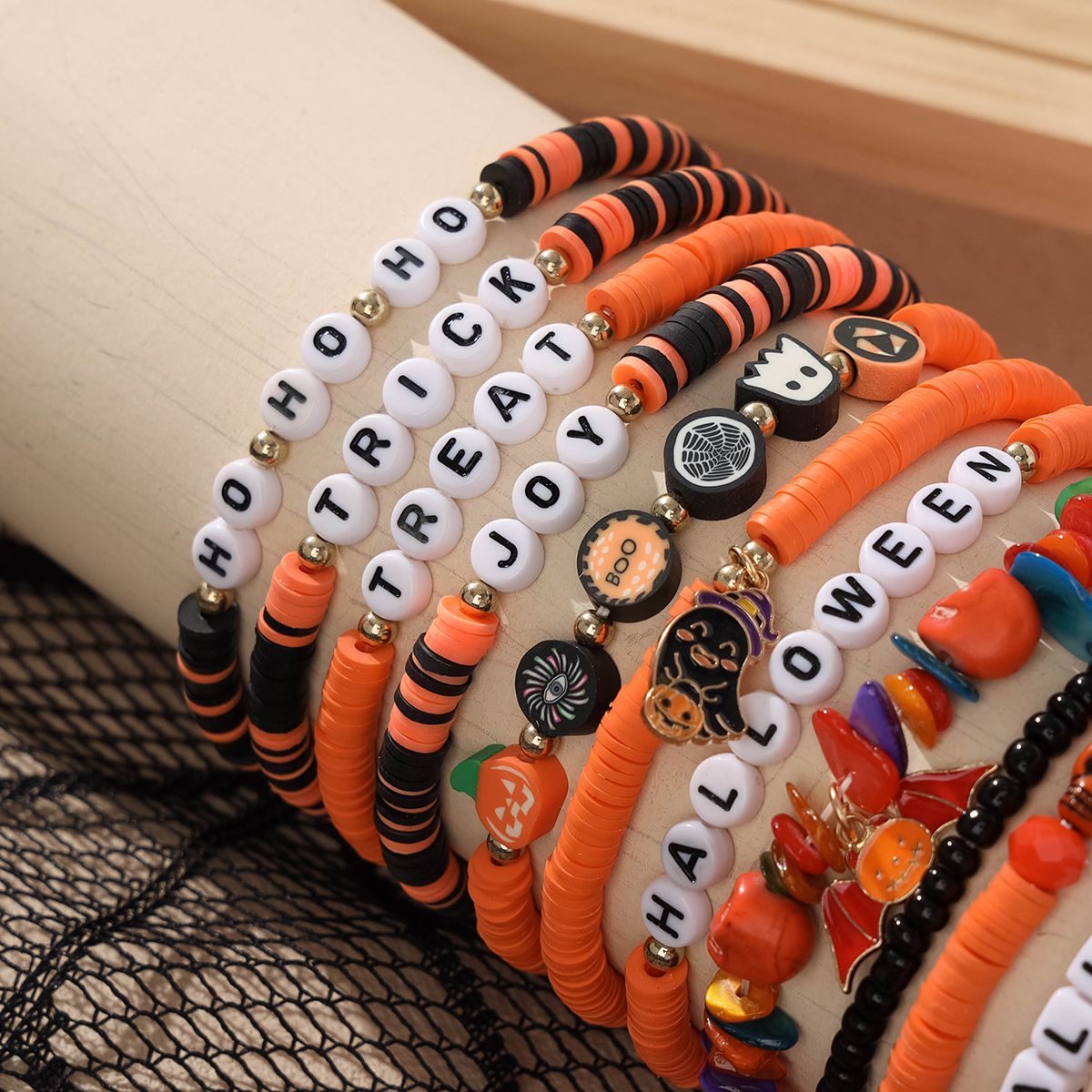 12 Pieces Halloween Soft Ceramic Zinc Alloy Pumpkin Ghost Bat Handmade Beaded Elastic Adjustable Fashion Bracelet Set