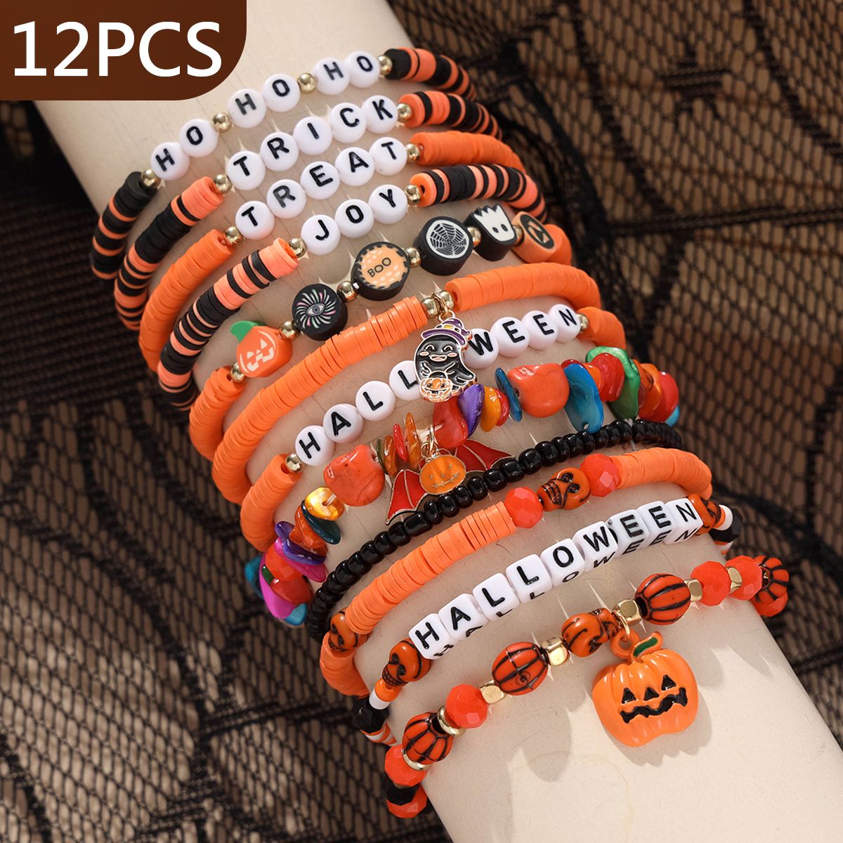 12 Pieces Halloween Soft Ceramic Zinc Alloy Pumpkin Ghost Bat Handmade Beaded Elastic Adjustable Fashion Bracelet Set