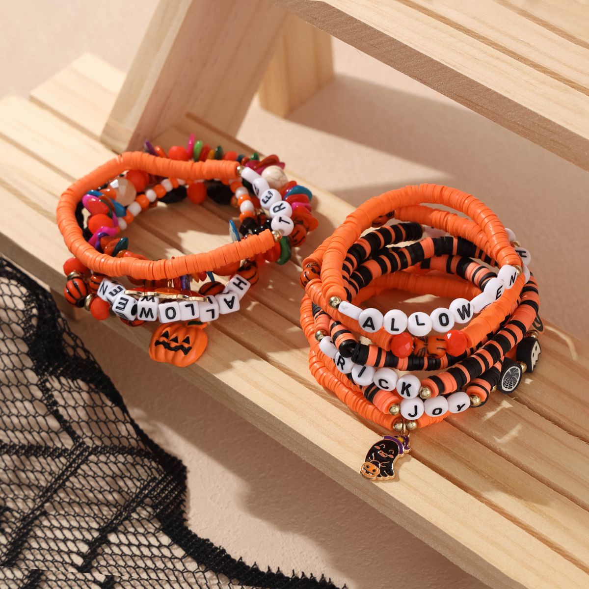 12 Pieces Halloween Soft Ceramic Zinc Alloy Pumpkin Ghost Bat Handmade Beaded Elastic Adjustable Fashion Bracelet Set