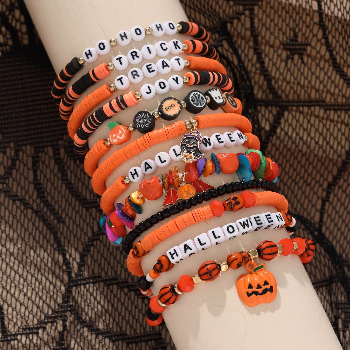 12 Pieces Halloween Soft Ceramic Zinc Alloy Pumpkin Ghost Bat Handmade Beaded Elastic Adjustable Fashion Bracelet Set