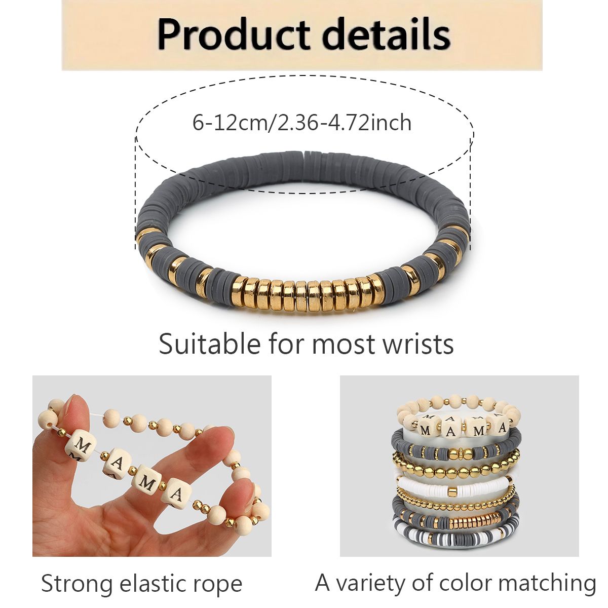 7 pieces soft ceramic zinc alloy wooden beads alphabet handmade beads elastic adjustable fashion simple bracelet set