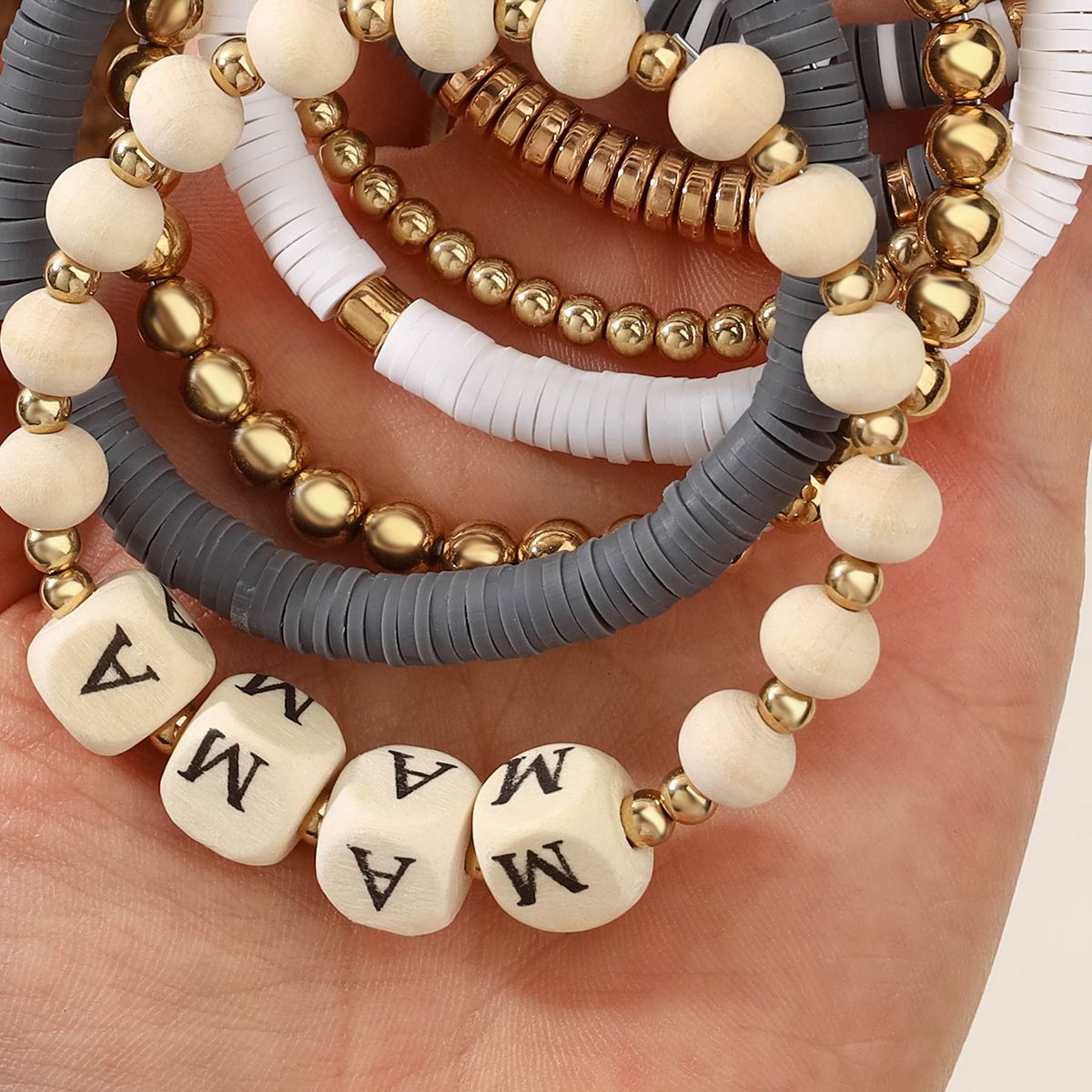 7 pieces soft ceramic zinc alloy wooden beads alphabet handmade beads elastic adjustable fashion simple bracelet set