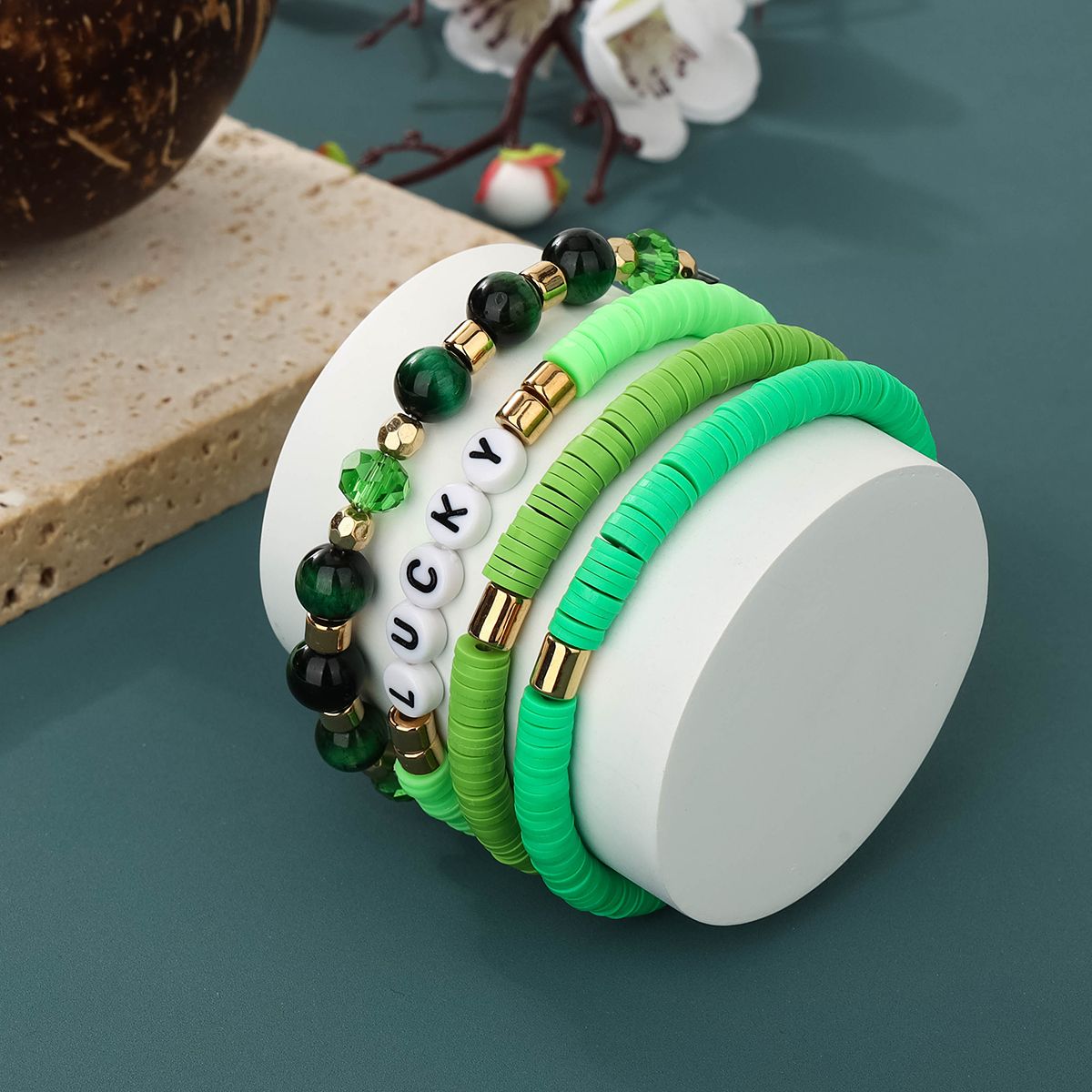 4 Pieces Soft Ceramic Artificial Crystal Alphabet Handmade Beaded Elastic Adjustable Fashion Bracelet Set