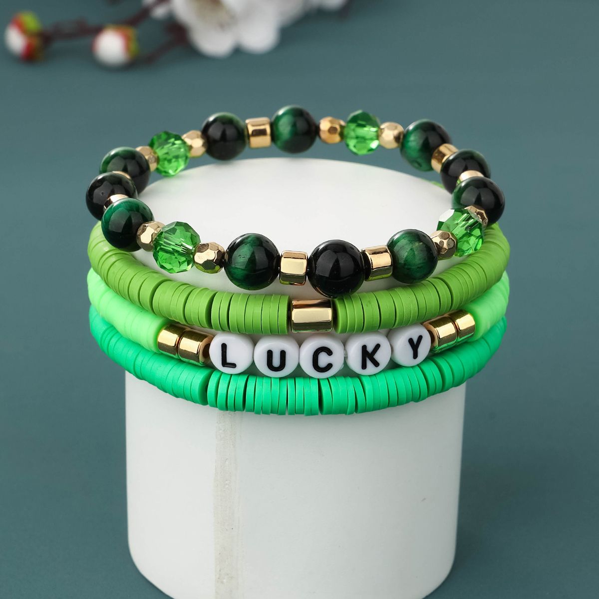 4 Pieces Soft Ceramic Artificial Crystal Alphabet Handmade Beaded Elastic Adjustable Fashion Bracelet Set