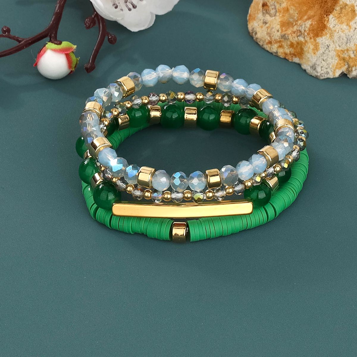 4 pieces soft ceramic zinc alloy artificial crystal solid colour handmade beads elastic adjustable fashion bracelet set