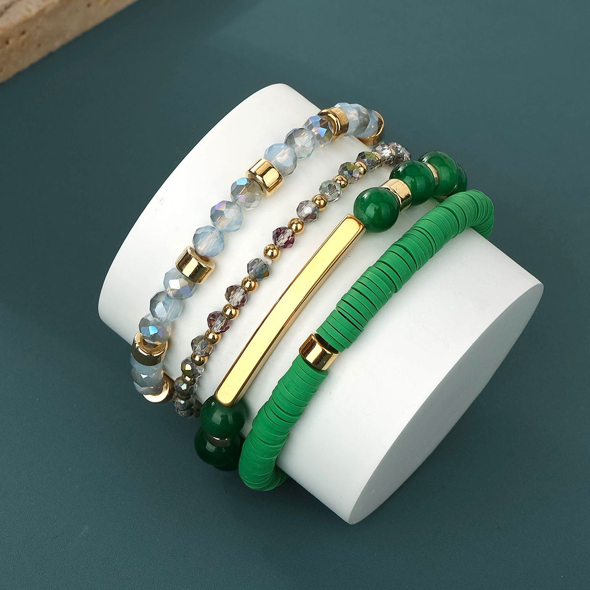 4 pieces soft ceramic zinc alloy artificial crystal solid colour handmade beads elastic adjustable fashion bracelet set