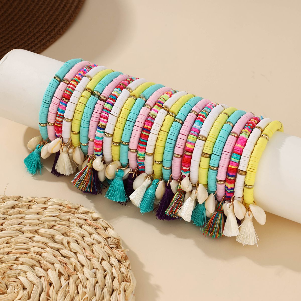 25 pieces soft ceramic zinc alloy multi-colour shells handmade beads elastic adjustable fashion bracelet set