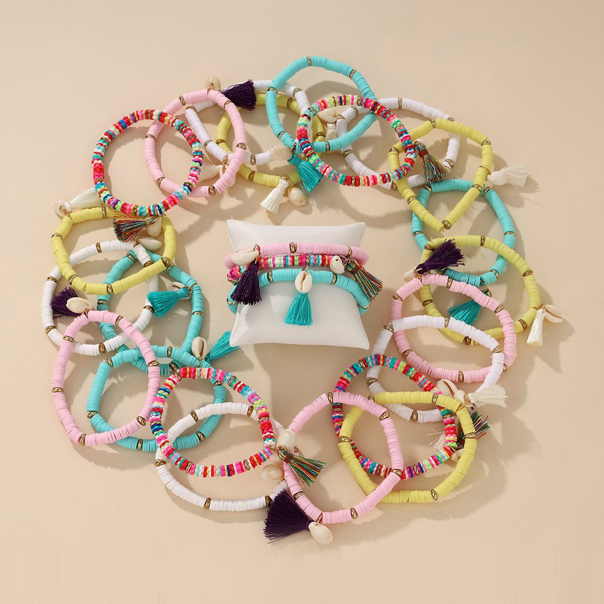 25 pieces soft ceramic zinc alloy multi-colour shells handmade beads elastic adjustable fashion bracelet set