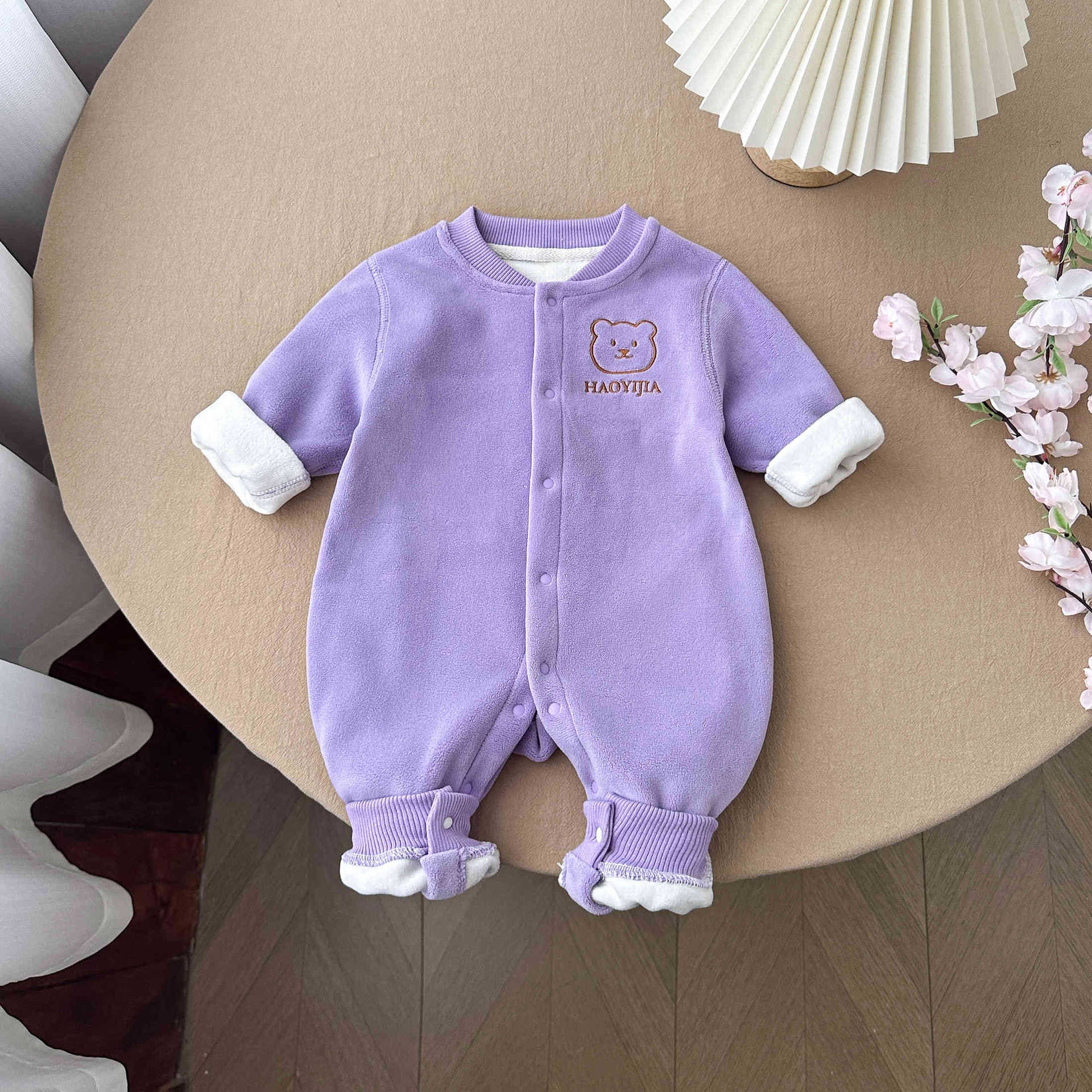 Winter Baby Fleece Thickened Warm Romper, Cute Embroidery Seamless Design, Long-Sleeve Unisex Baby Outdoor Jumpsuit