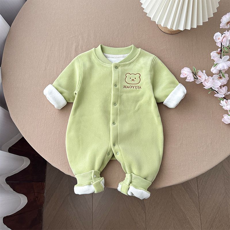 Winter Baby Fleece Thickened Warm Romper, Cute Embroidery Seamless Design, Long-Sleeve Unisex Baby Outdoor Jumpsuit