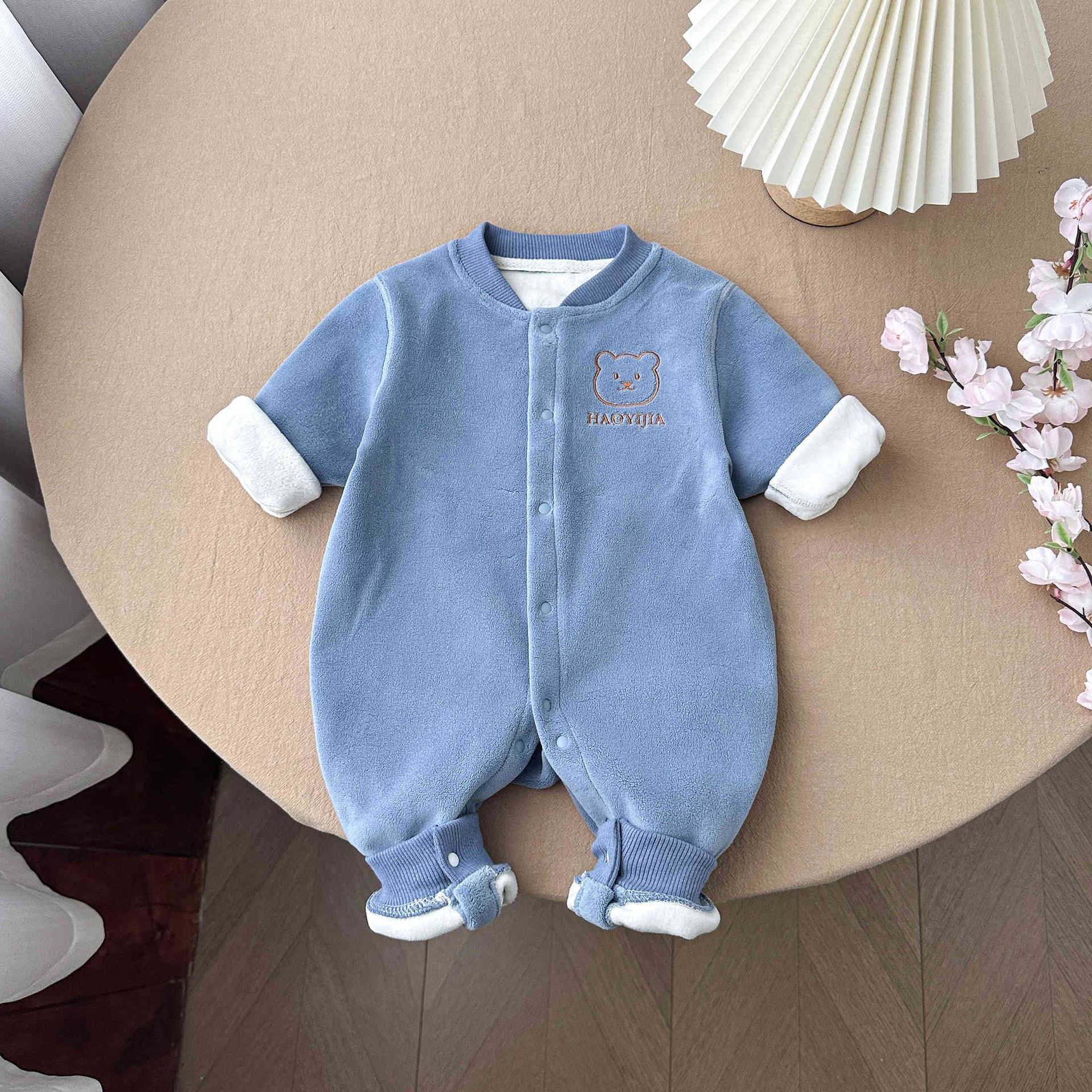 Winter Baby Fleece Thickened Warm Romper, Cute Embroidery Seamless Design, Long-Sleeve Unisex Baby Outdoor Jumpsuit