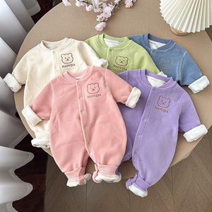 Winter Baby Fleece Thickened Warm Romper, Cute Embroidery Seamless Design, Long-Sleeve Unisex Baby Outdoor Jumpsuit