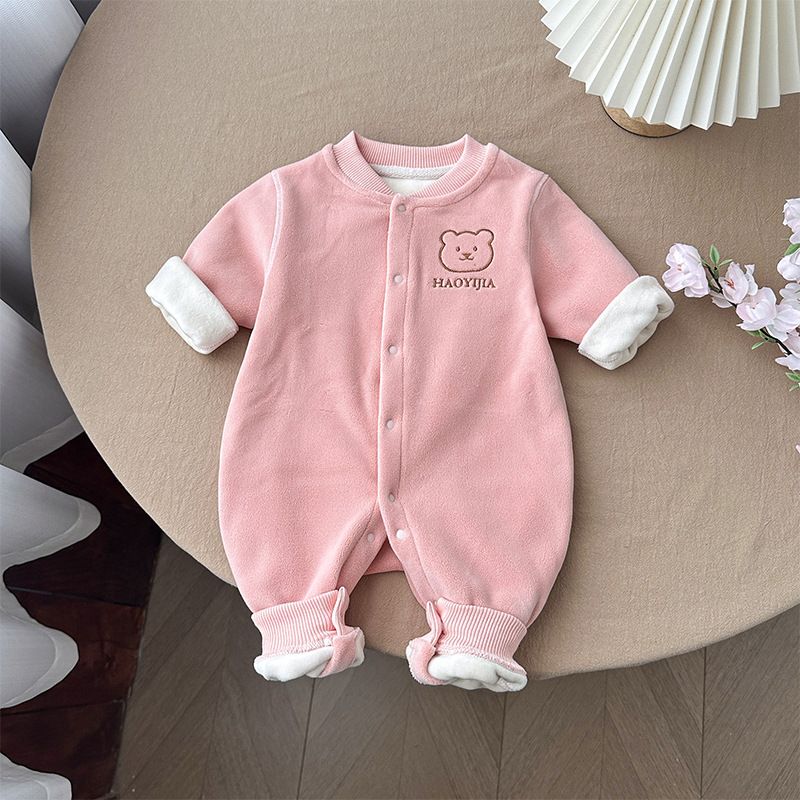 Winter Baby Fleece Thickened Warm Romper, Cute Embroidery Seamless Design, Long-Sleeve Unisex Baby Outdoor Jumpsuit