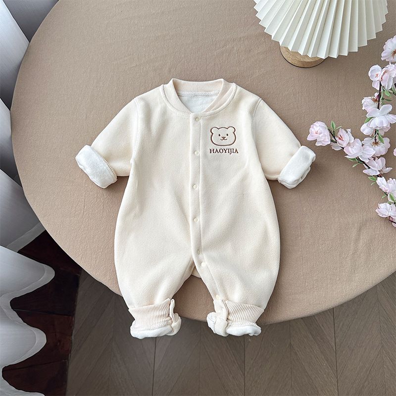 Winter Baby Fleece Thickened Warm Romper, Cute Embroidery Seamless Design, Long-Sleeve Unisex Baby Outdoor Jumpsuit