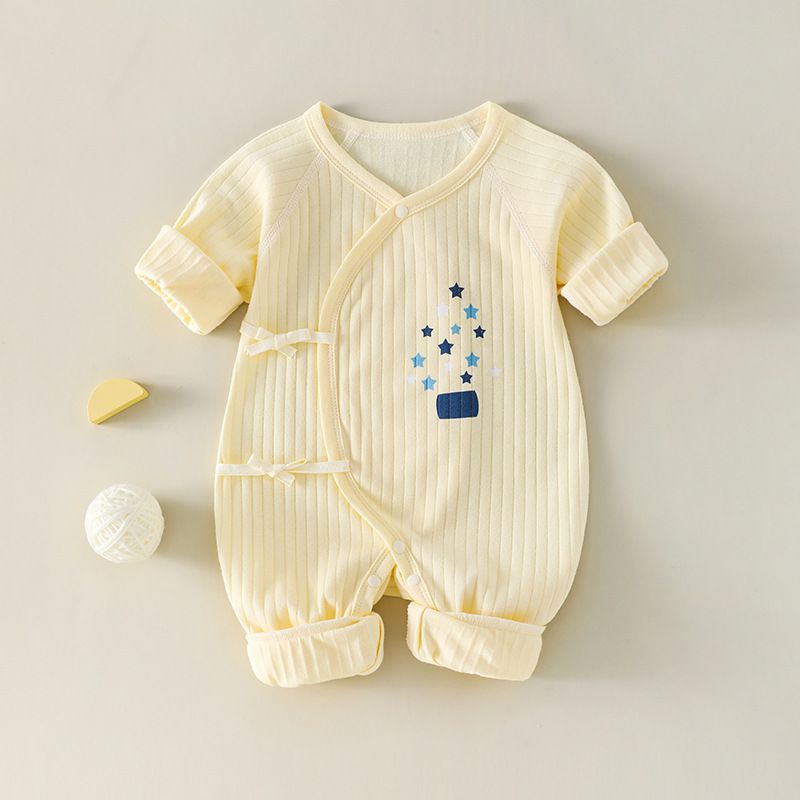 Baby Cotton Kimono Romper, Cartoon Print, Long-Sleeve, Warm Open-Crotch Jumpsuit, Soft and Comfortable