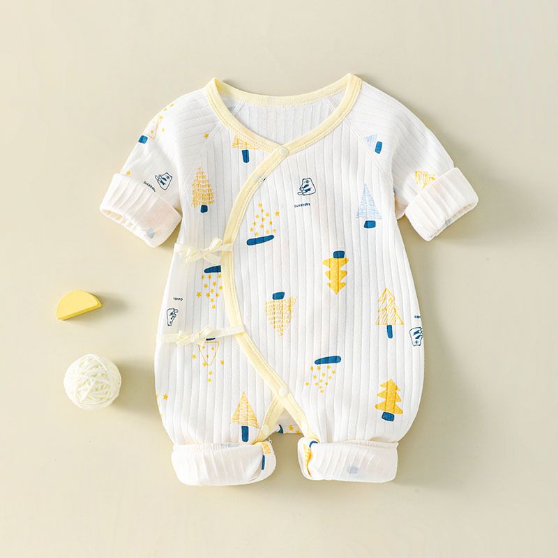 Baby Cotton Kimono Romper, Cartoon Print, Long-Sleeve, Warm Open-Crotch Jumpsuit, Soft and Comfortable