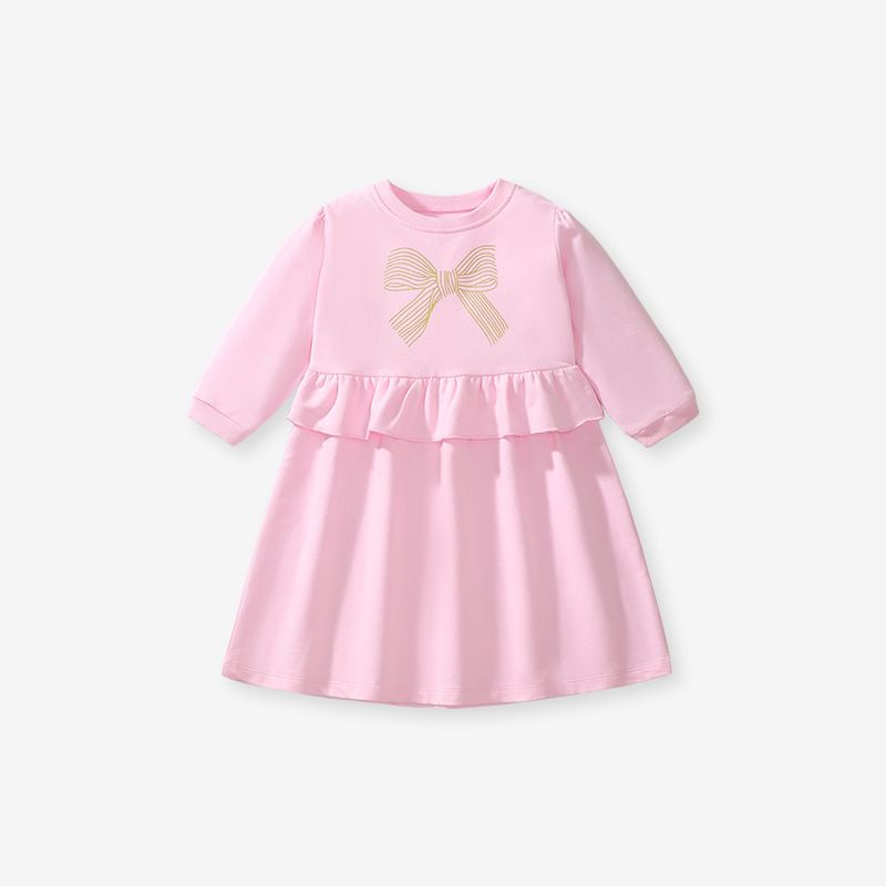 Girls' Pink Cotton Long-Sleeve Dress with Gold Bow Decoration, Round Neck Ruffle Splicing Design, European-Style Princess Dress