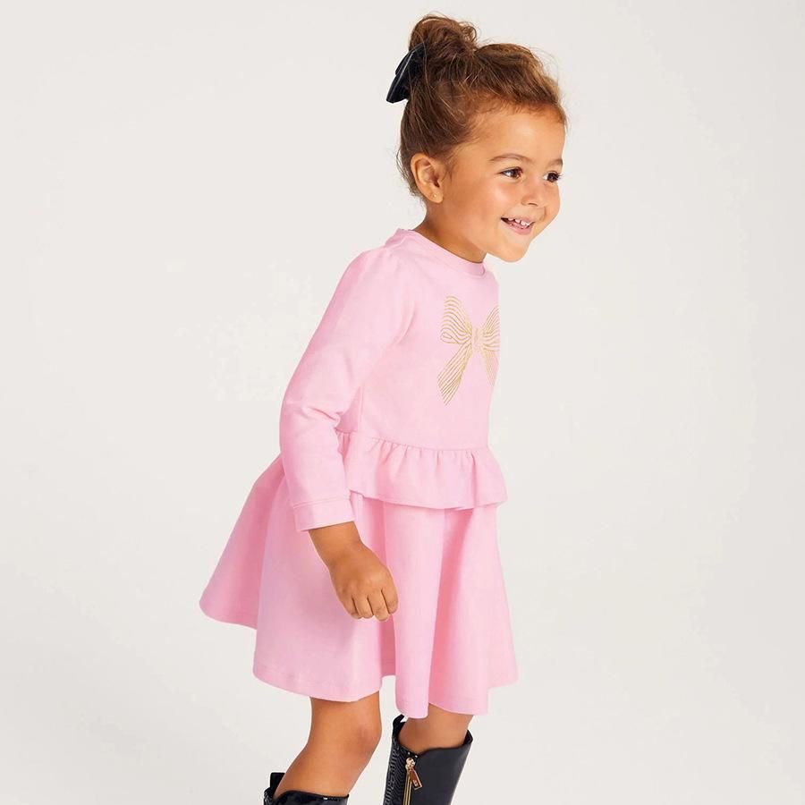 Girls' Pink Cotton Long-Sleeve Dress with Gold Bow Decoration, Round Neck Ruffle Splicing Design, European-Style Princess Dress