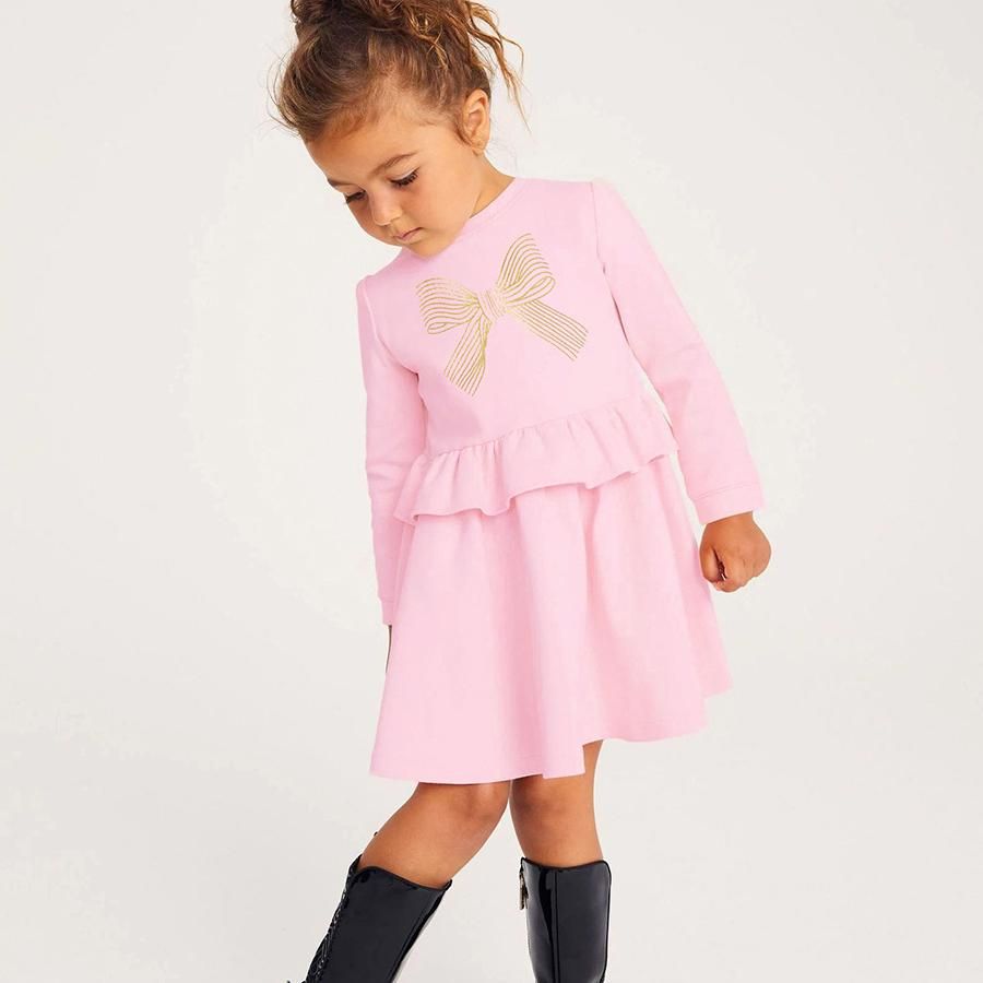 Girls' Pink Cotton Long-Sleeve Dress with Gold Bow Decoration, Round Neck Ruffle Splicing Design, European-Style Princess Dress