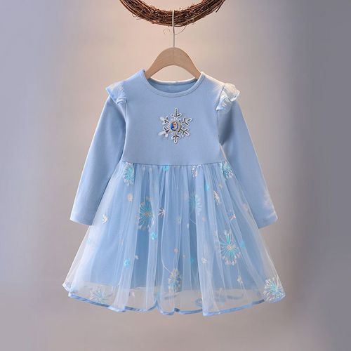 Girls' Pink Long-Sleeve Snowflake Dress, Elsa-Inspired Mesh Princess Party Outfit, Spring/Autumn New Arrival