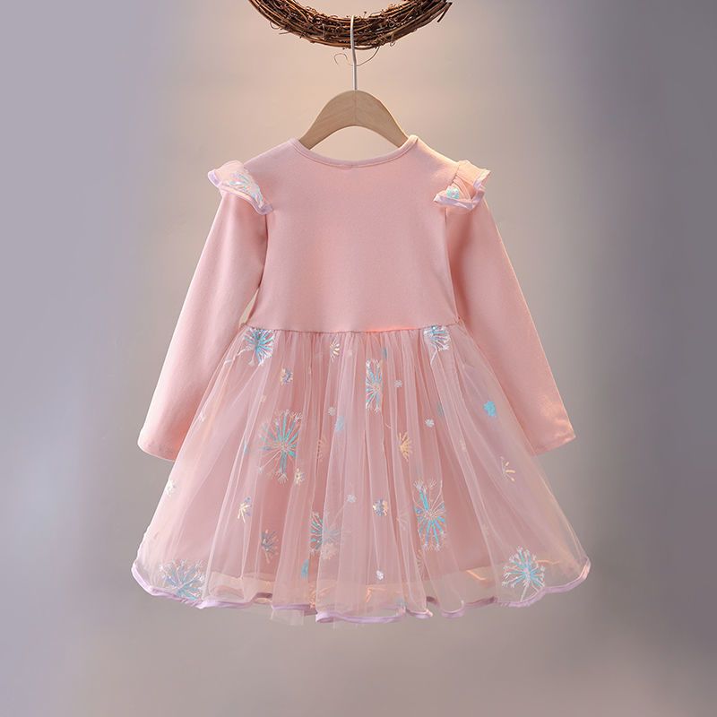 Girls' Pink Long-Sleeve Snowflake Dress, Elsa-Inspired Mesh Princess Party Outfit, Spring/Autumn New Arrival