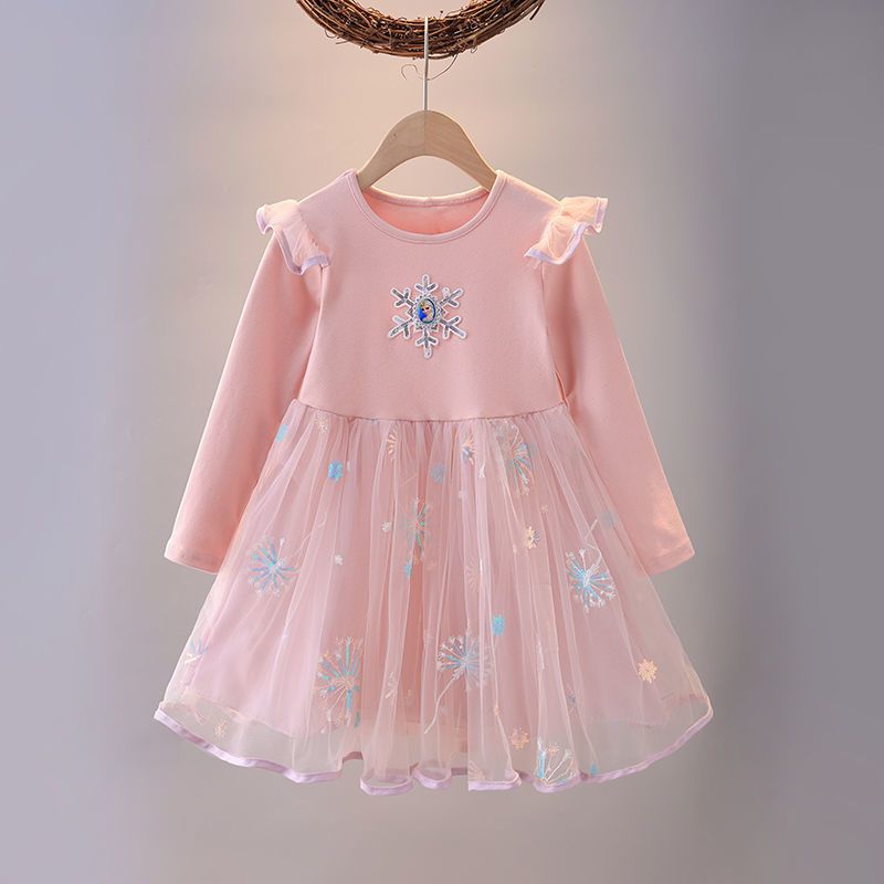 Girls' Pink Long-Sleeve Snowflake Dress, Elsa-Inspired Mesh Princess Party Outfit, Spring/Autumn New Arrival