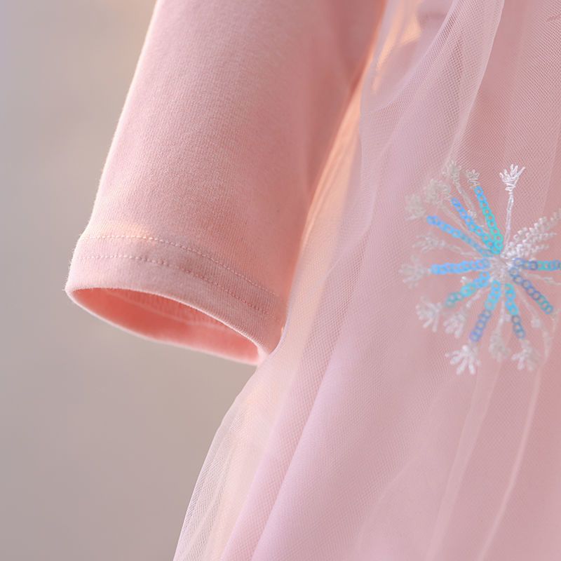 Girls' Pink Long-Sleeve Snowflake Dress, Elsa-Inspired Mesh Princess Party Outfit, Spring/Autumn New Arrival