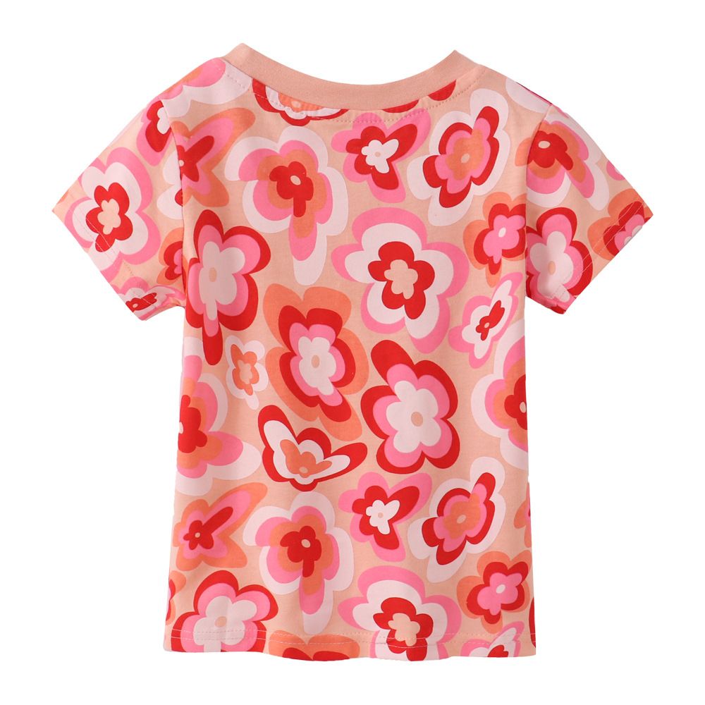 Summer Kids' Clothing Short-Sleeve Girls' Top - Pink Floral Print T-Shirt for Girls, Cute, Versatile, and Comfortable