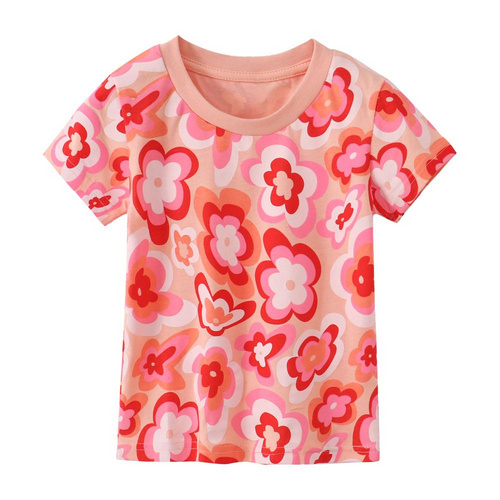 Summer Kids' Clothing Short-Sleeve Girls' Top - Pink Floral Print T-Shirt for Girls, Cute, Versatile, and Comfortable