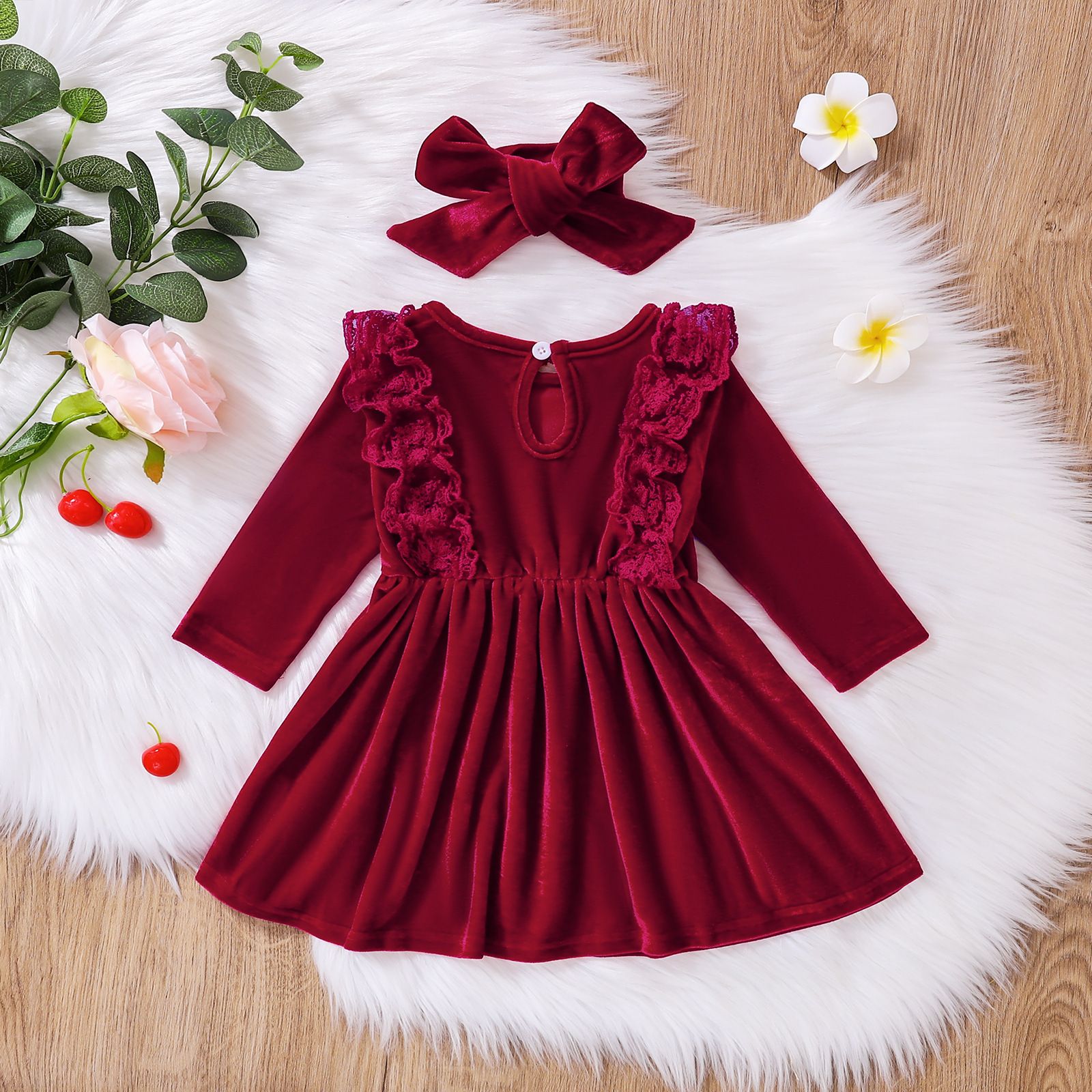 Autumn and Winter Girls' Dress - Long-Sleeve Princess Dress, Baby Burgundy Bowknot Gown, Lace Splicing Sweet Outfit