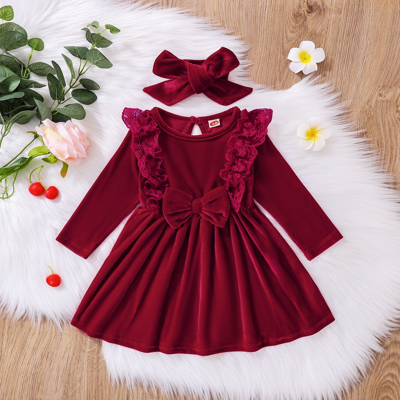 Autumn and Winter Girls' Dress - Long-Sleeve Princess Dress, Baby Burgundy Bowknot Gown, Lace Splicing Sweet Outfit