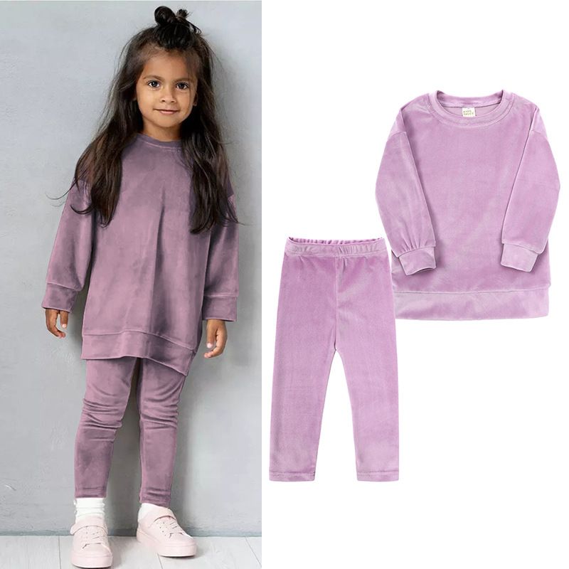 Kids Coral Fleece Loungewear Set - Girls' Warm Long-Sleeve Top & Pants, Two-Piece Outfit