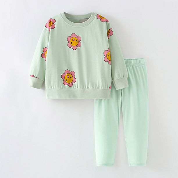 Autumn and Winter Kids' Floral Print Outfit, Girls' Long-Sleeve Sweatshirt and Pants Set, Warm and Cute Casual Two-Piece Set