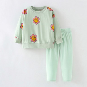 Autumn and Winter Kids' Floral Print Outfit, Girls' Long-Sleeve Sweatshirt and Pants Set, Warm and Cute Casual Two-Piece Set