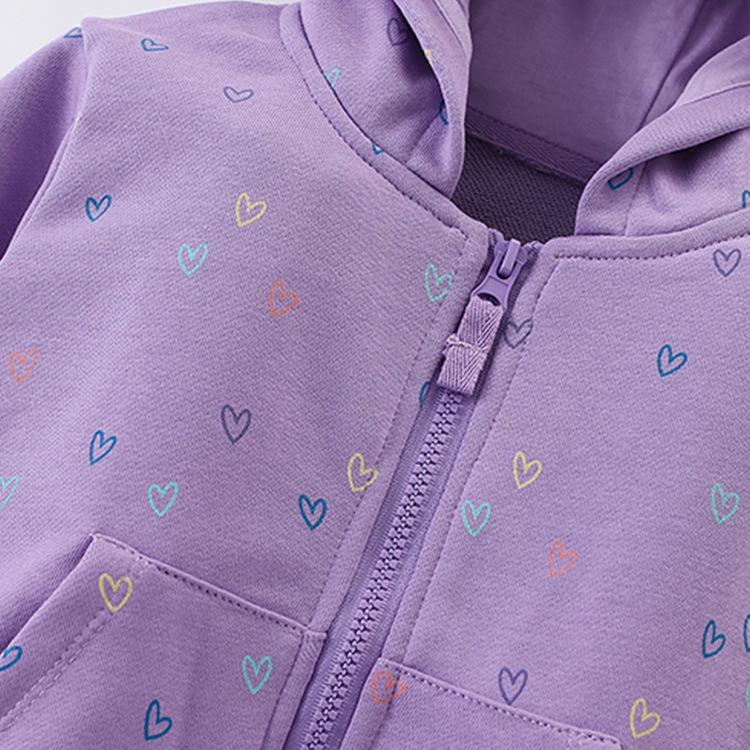 Autumn and Winter Kids' Hooded Zip-Up Jacket, Purple Heart Print Warm Long-Sleeve Top, Cute and Casual Cardigan for Girls