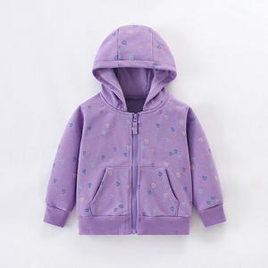 Autumn and Winter Kids' Hooded Zip-Up Jacket, Purple Heart Print Warm Long-Sleeve Top, Cute and Casual Cardigan for Girls